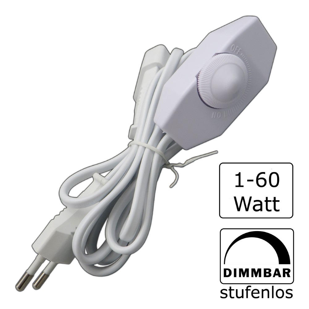 PB-Versand GmbH - Schnurdimmer Dreh-Dimmer für LED Leuchtmittel 1-60W  Drehdimmer Stecker Buchse weiß