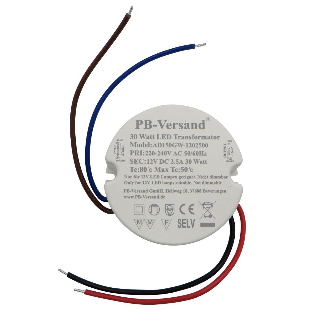 PB-Versand GmbH - 30W 12V DC LED Trafo rund klein Lampen